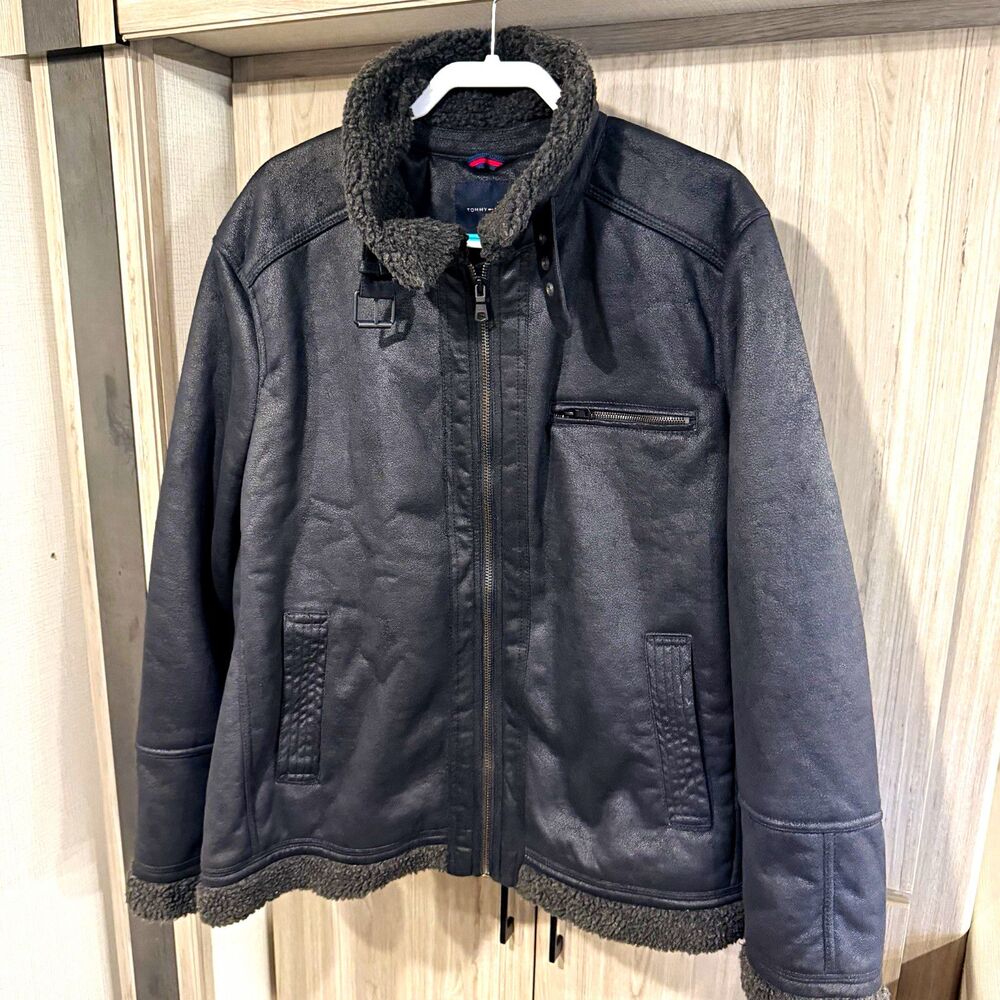 Vtg Tommy Hilfiger Mens XXL Black Faux Shearling Line Zip Bomber Jacket 15TM1002
